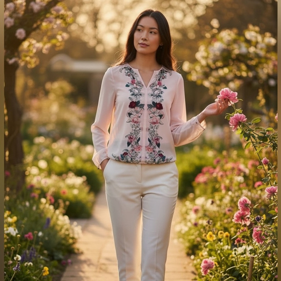 Ted Baker London Tops - Ted Baker Women's Blouse Size 0 Floral Pink Chiffon Long Sleeve Top Chic